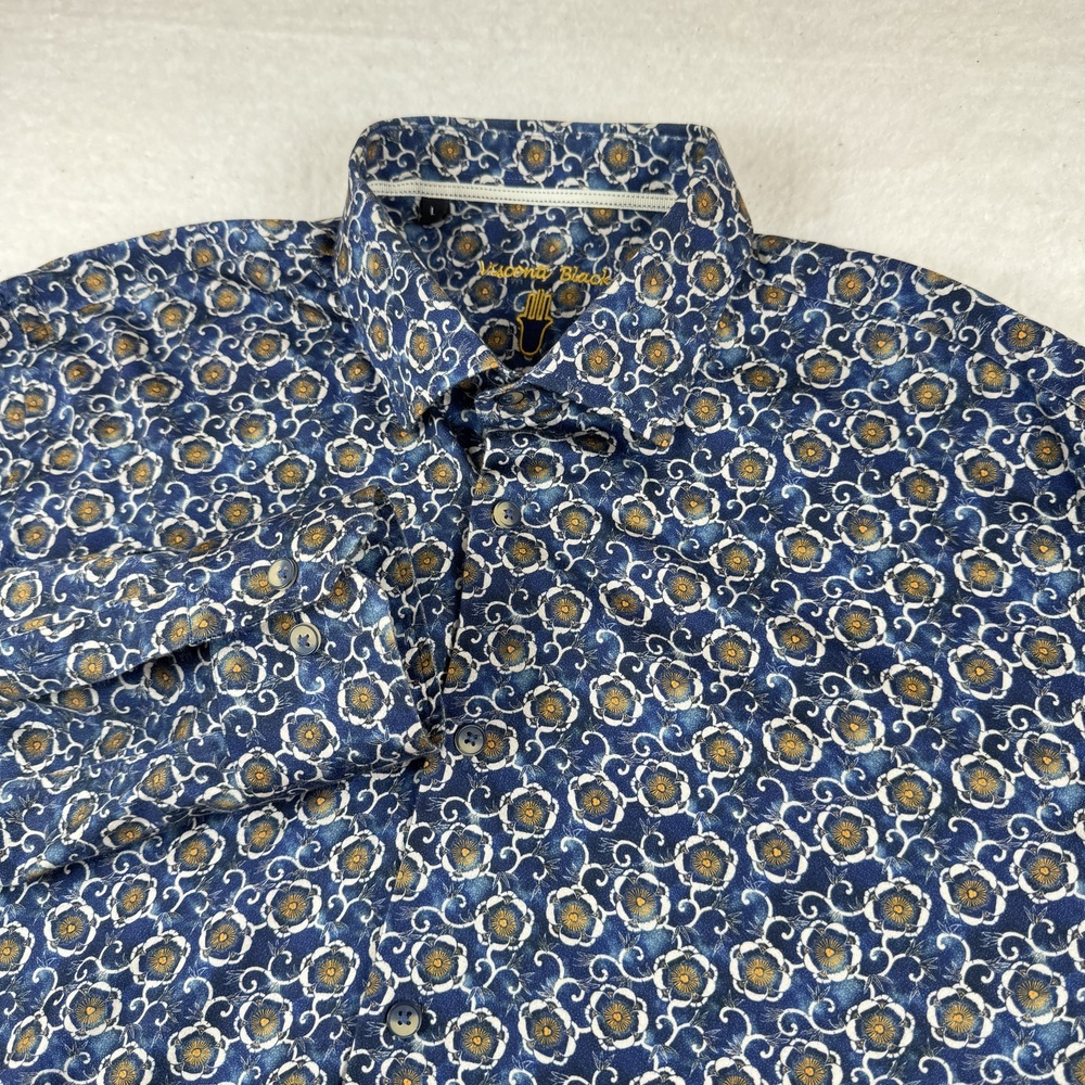 Visconti Black Shirt Mens Size L Blue Floral Long Sleeve Button Up Casual Woven